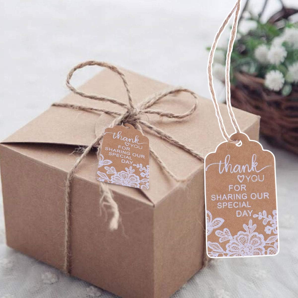 SUPVOX Wedding Favour Tags White Lace Kraft Paper Hang Tags with Hemp Rope 7X4Cm for Thank You Decorations 50Pcs - Image 4
