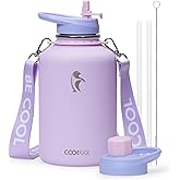 Coolflask Half Gallon Water Bottle with Strap, 64oz Insulated Water Jug Stainless Steel with Straw & Spout Lids, Metal Large Water Flask, Keep Cold 48h Hot 24h, Leak Proof & Non-BPA, Lavender