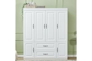 Sophshelter Armoire Wardrobe Closet Cabinet Wooden, 4 Door 2 Drawers White Cabinet Closet with High Storage Capacity, Cabinet Closet Wardrobe with 2 Shelves and Hanging Rod 63" L x 20.3" W x 72" H