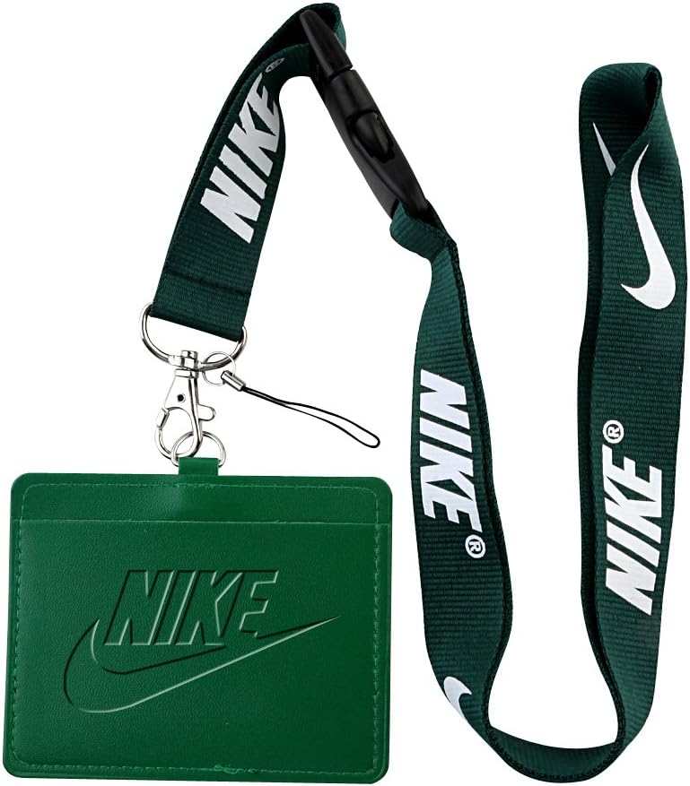 Nike Dark Green Faux Leather Business ID Badge Card Holder with Keychain Lanyard