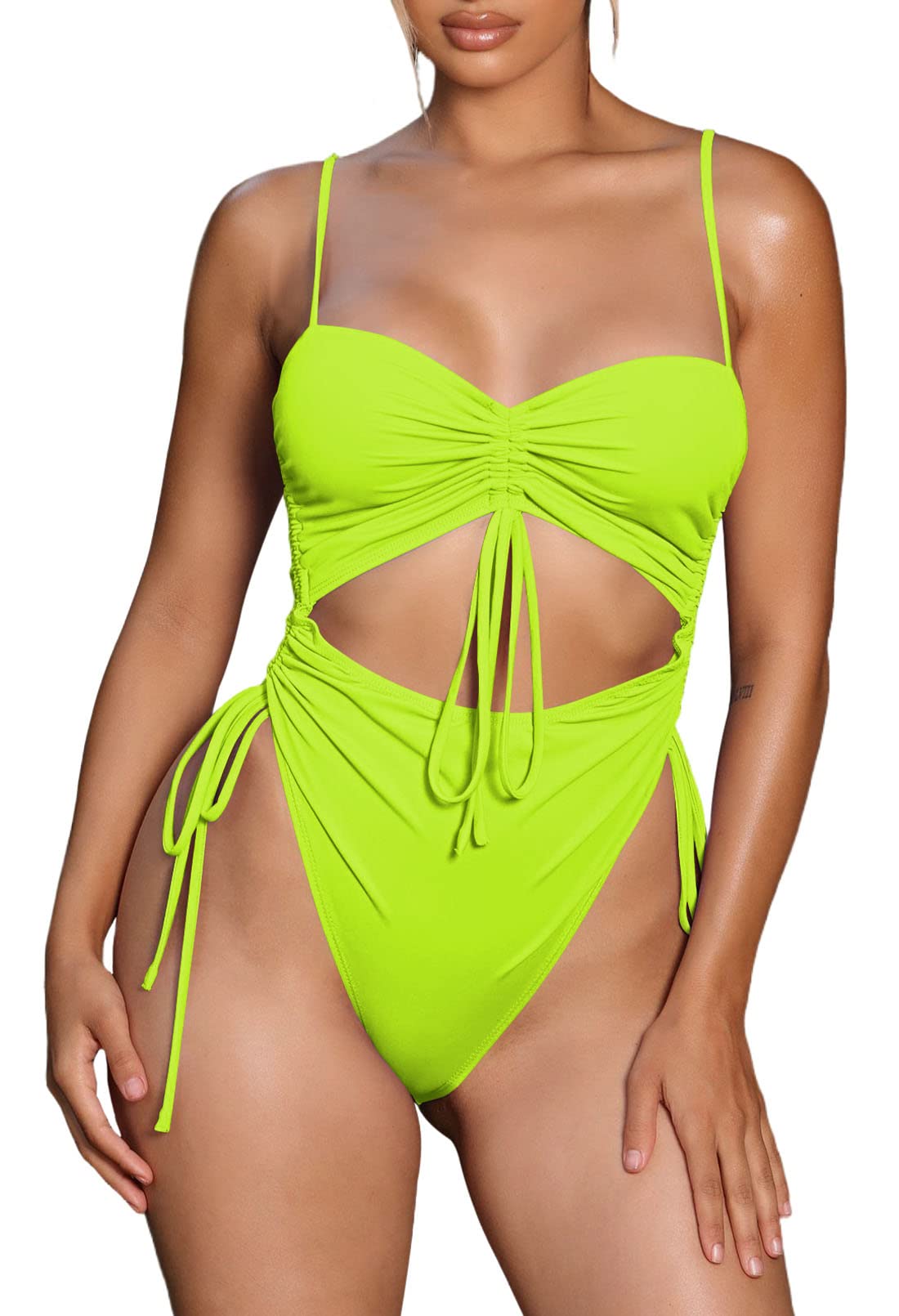 Viottiset Women's Cut Out Drawstring One Piece Swimsuit Cheeky High Cut Bathing Suit Neon Green M Image