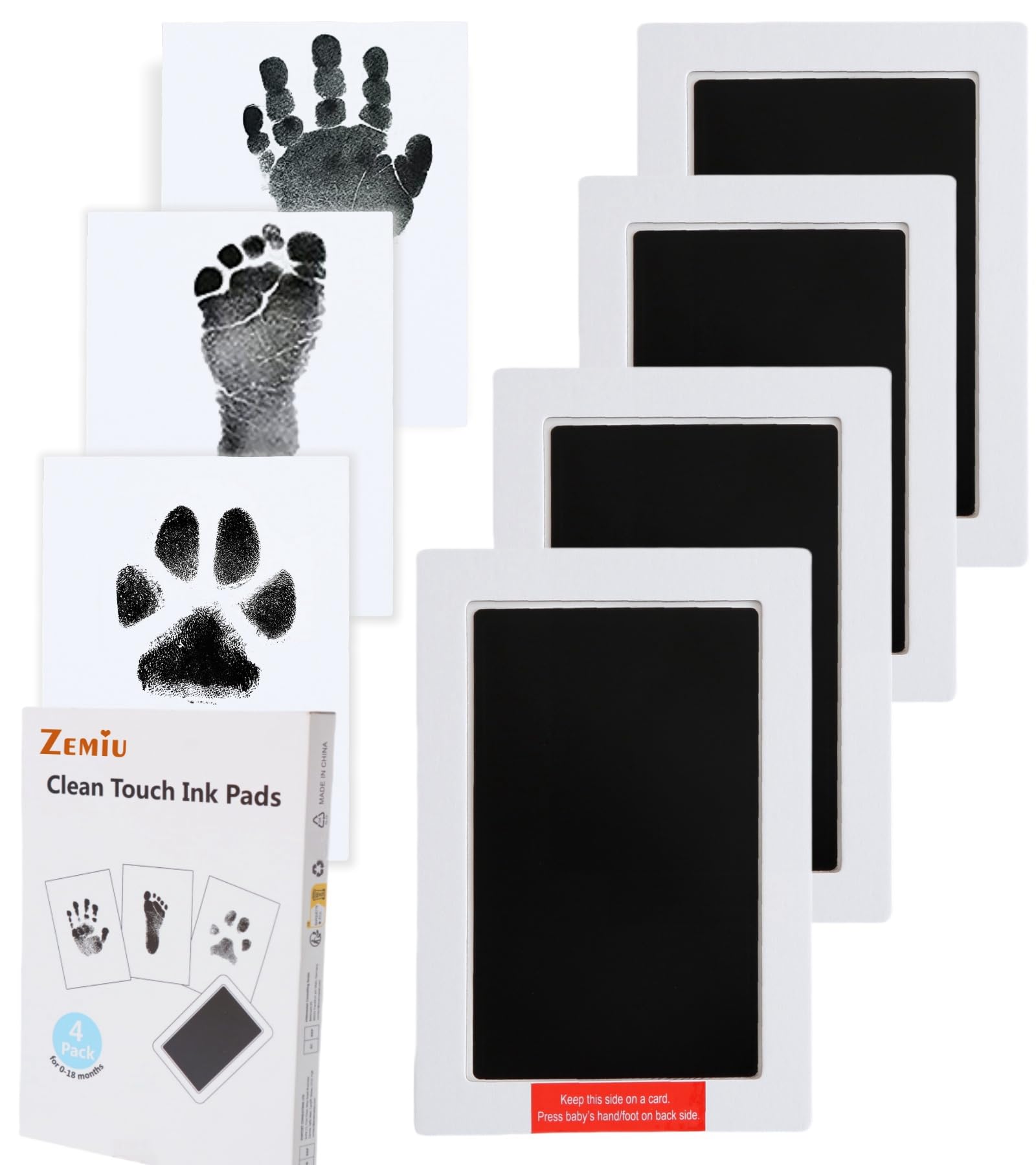 Zemiu Baby Handprint and Footprint Large Size Kit,4 Baby Handprint Ink Pads with Clean-Touch & 12 Imprint Cards,Inkless Print Kit Safe Non-Toxic for Baby Feet and Hands, Family Keepsake, Pet Paw-Black