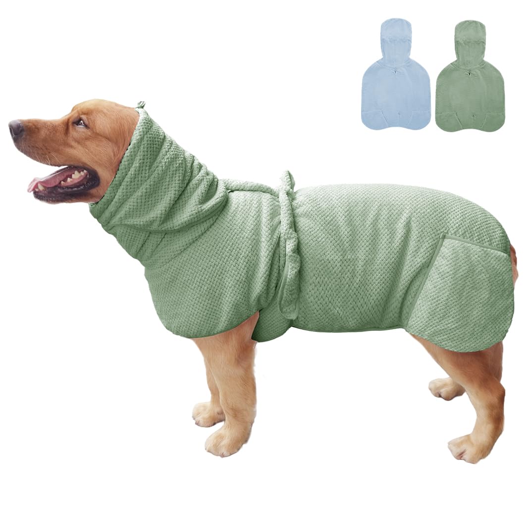 Photo 1 of KOOGAL Medium to Large Size Dog Bathrobe, Quick Drying Super Absorbent Used for After Bathing, Warm Dog Towels, Adjustable Hoodies and Belts for Pet Dogs Bath Clothes Products(Green Jacquard, 2XL)