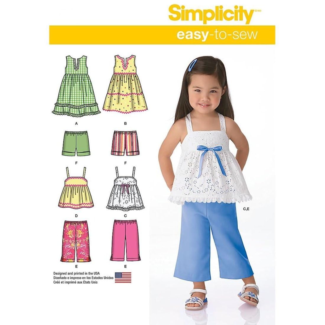 Photo 1 of Simplicity 1451 Easy to Sew Toddler Girl's Dress, Top, Cropped Pants, and Shorts Sewing Patterns, Sizes 1/2-4