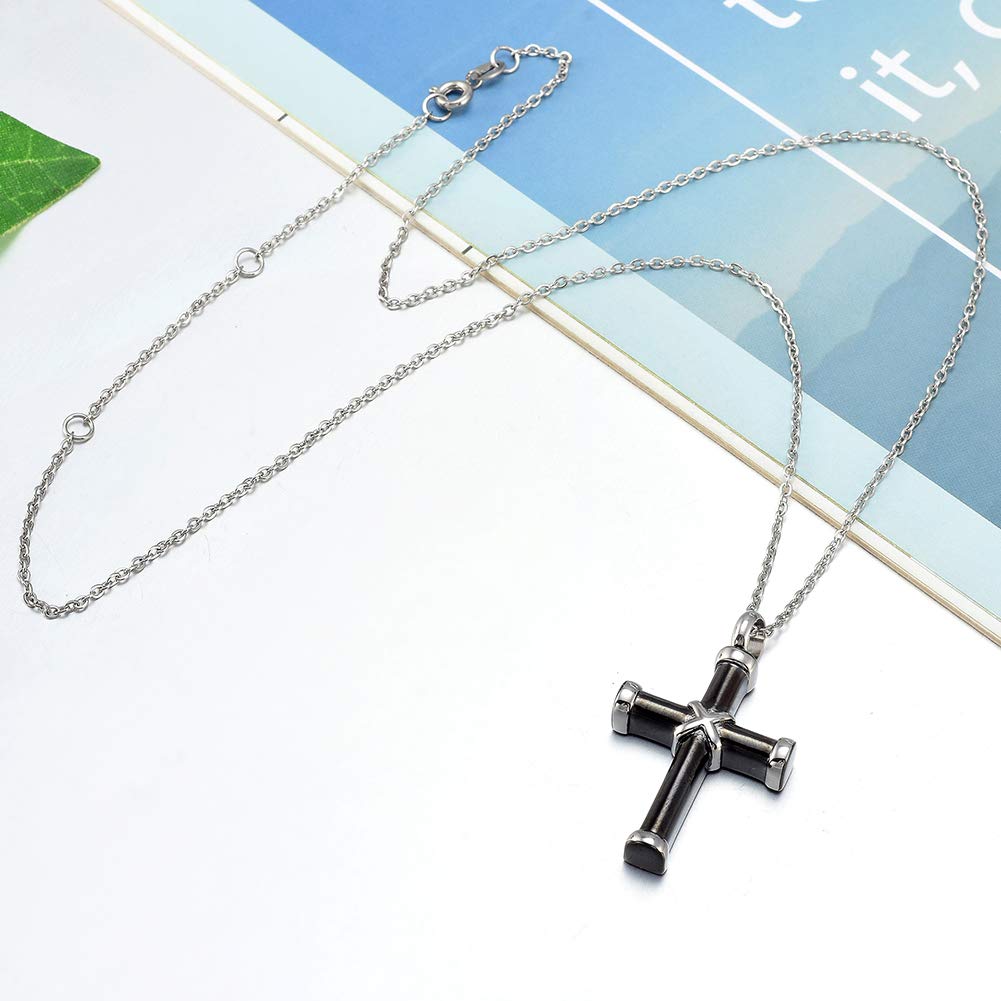 W/W Lifetime Cross Necklace for Women Ashes Urn Memorial Pendant Perfume Bottle Necklace Stainless Steel Cremation Jewelry (Black)