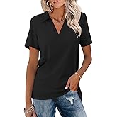 ORANDESIGNE Women's Short Sleeve V Neck Polo Shirts Summer Collared Tops Casual Loose Tees Tops