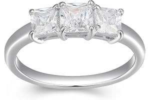 MORGAN & PAIGE .925 Sterling Silver Platinum or Yellow Gold Plated Princess-Cut Cubic Zirconia 3-Stone Engagement Rings for Women - Classic Sparkling Square-Cut Anniversary Sterling Silver Rings Women