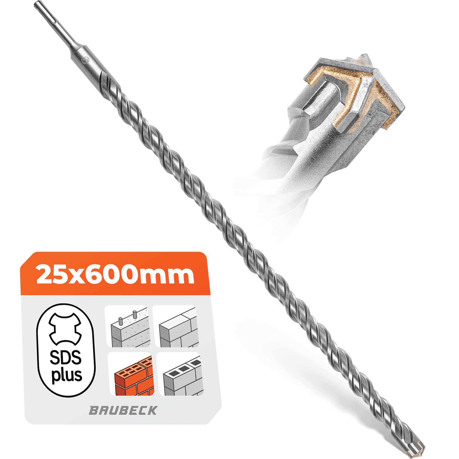 BAUBECK SDS Plus Drill Bit 25 mm x 600 mm Long for Concrete and Stone - Premium 40CR Steel, Durable - 4 Cutting Masonry Drill Bits 25 mm for Best Results - SDS Plus Drill Bit 25 mm Concrete Drill Bit