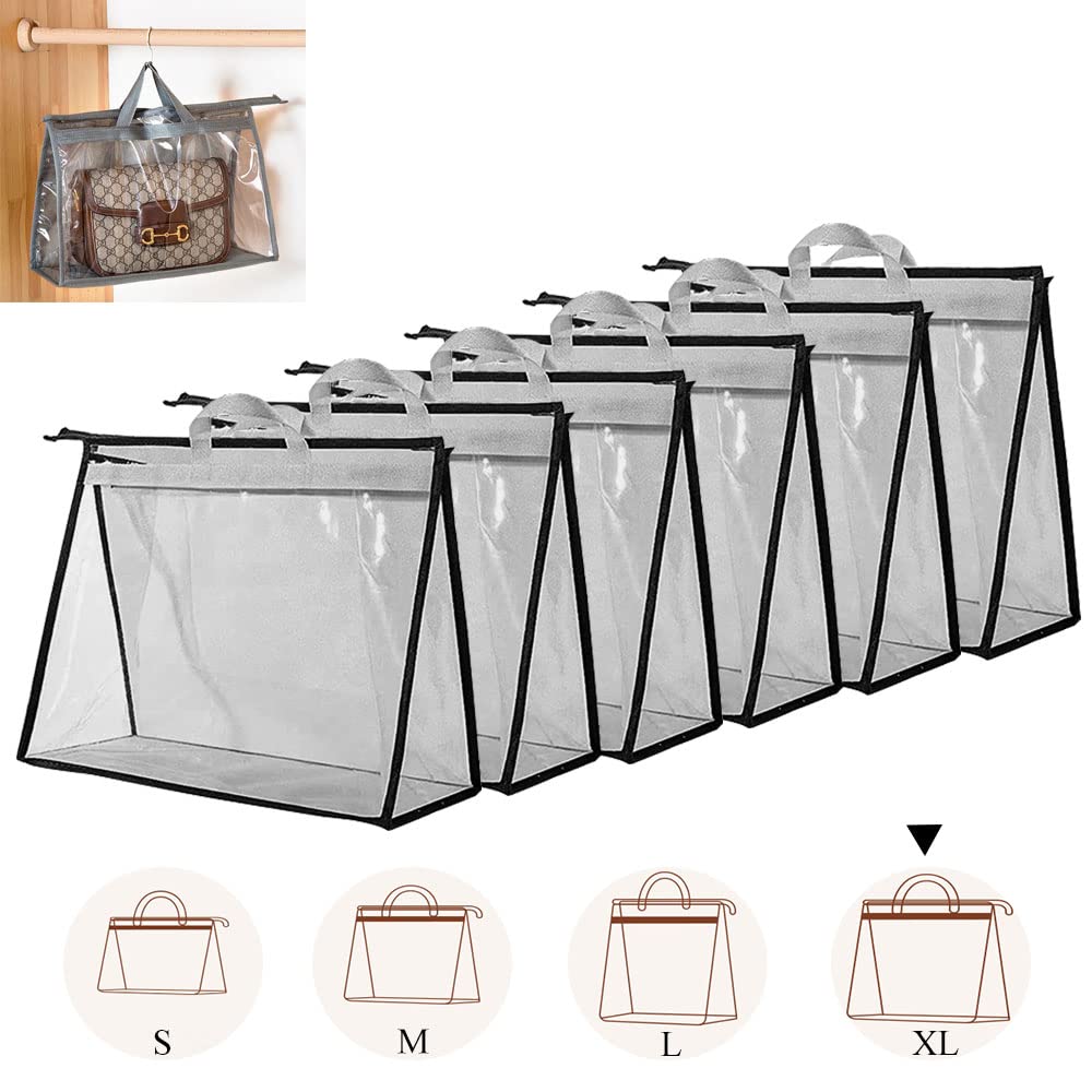 6PCS Dust Bags for Handbags Clear Purse Storage Organizer Non-Woven Hanging Bag Closet with Zipper and Handle (XL Cream Color) (Grey)