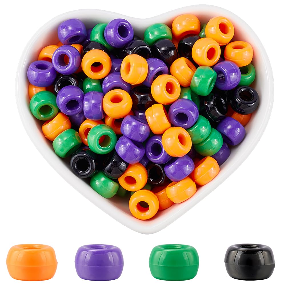 SOFPLATE 800Pcs 4 Colors Halloween Bulk Pony Beads Purple Pony Beads Bulk Plastic Green Orange Black Holiday Lucky Bead Set for jewellery Making Bracelet Wedding Gifts Friendship Hair Party Crafts