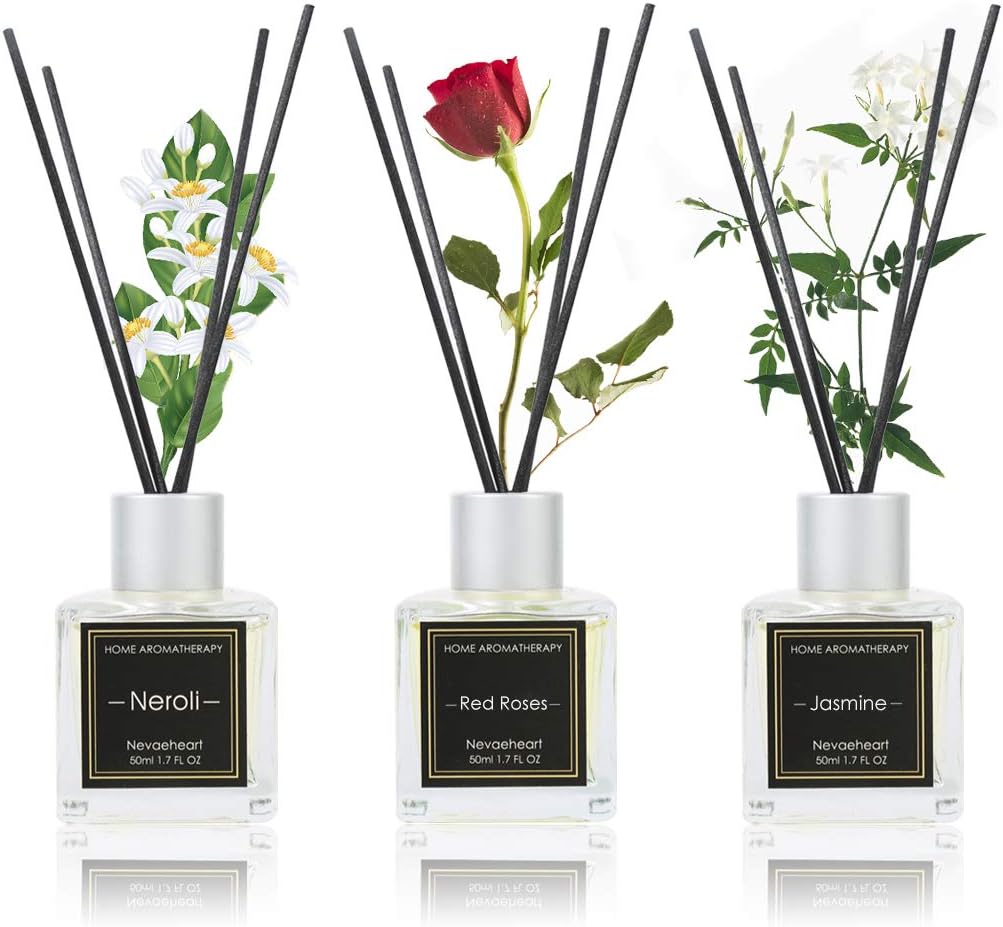 NEVAEHEART Reed Diffuser Set of 3, Reed Diffuser for Office Home Decor, Jasmine Rose Neroli Oil Reed Diffuser with 18 Diffuser Sticks, Reed Diffuser Oil Refill for Gift & Stress Relief, 1.7oz x 3