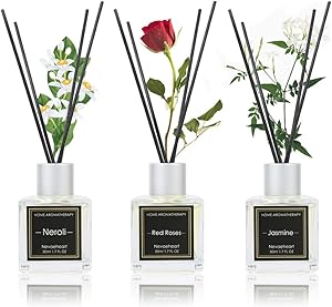 NEVAEHEART Reed Diffuser Set of 3, Reed Diffuser for Office Home Decor, Jasmine Rose Neroli Oil Reed Diffuser with 18 Diffuser Sticks, Reed Diffuser Oil Refill for Gift & Stress Relief, 1.7oz x 3