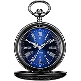 BOSHIYA Pocket Watches for Men Vintage Unique Blue Dial Roman Numerals Scale Black Quartz Pocket Watch with Chain for Christmas Graduation Birthday Gifts