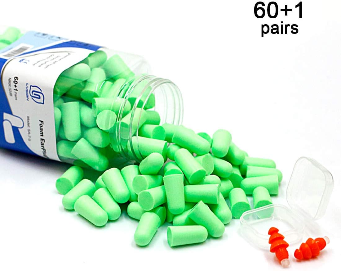 LYSIAN Ultra Soft Green Foam Earplugs 60 Pairs with Reusable Sliicone Earplug, 38dB SNR Ear Plugs, Sleeping, Snoring, Work, Travel and All Loud Events: Health & Personal Care