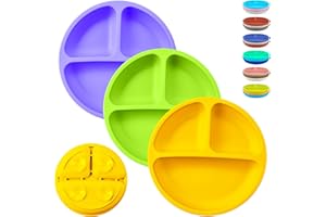 WOTOLIT Silicone Suction Plates for Toddler & Baby, Divided Design, Non-Slip Design, BPA Free, Microwave & Dishwasher Safe, 3 Pack Unbreakable Feeding Set (Purple & Yellow & Green)