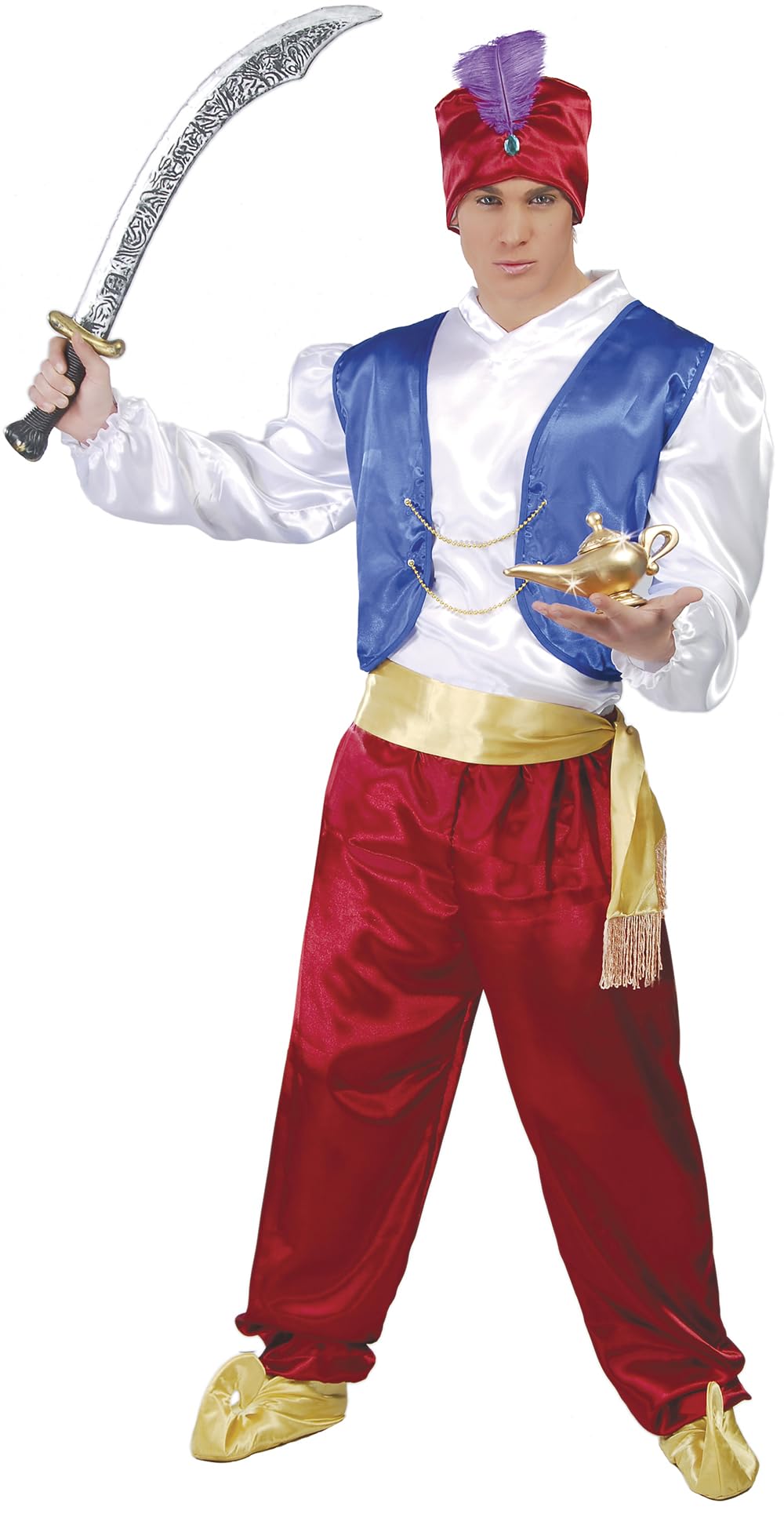 FIESTAS GUIRCA | Lamp Genius Fancy Dress for Adults (38-40/M) - Shirt, Vest, Sash, Hat and Trousers - Desert Prince and Sheikh Costumes for Halloween and Carnival - Men - Blue and Maroon