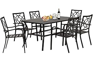 Betterland 7 Piece Outdoor Dining Furniture Set Patio Dining Set, Metal Table and Chairs Sets (6 Wrought Iron Dining Chairs and 1 Rectangular Steel Slat Table with 1.57" Umbrella Hole)