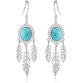 Turquoise Feather Earrings for Women - Silver Western Turquoise Earrings Vintage Native American Dangle Drop Jewelry Gifts Boho Feather Earring for Cowgirl