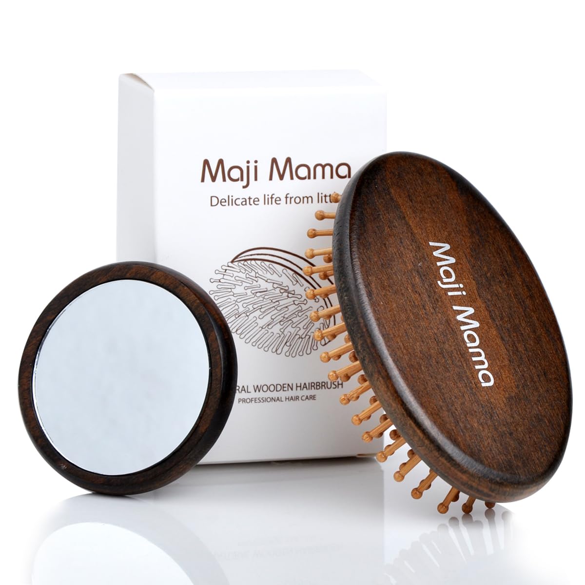 Handmade Oval Wooden Hair Brush Mini Cosmetic Mirror Set,Mini Travel Portable Hairbrush with Bamboo Pins/Boar Bristles (Bamboo Pins)