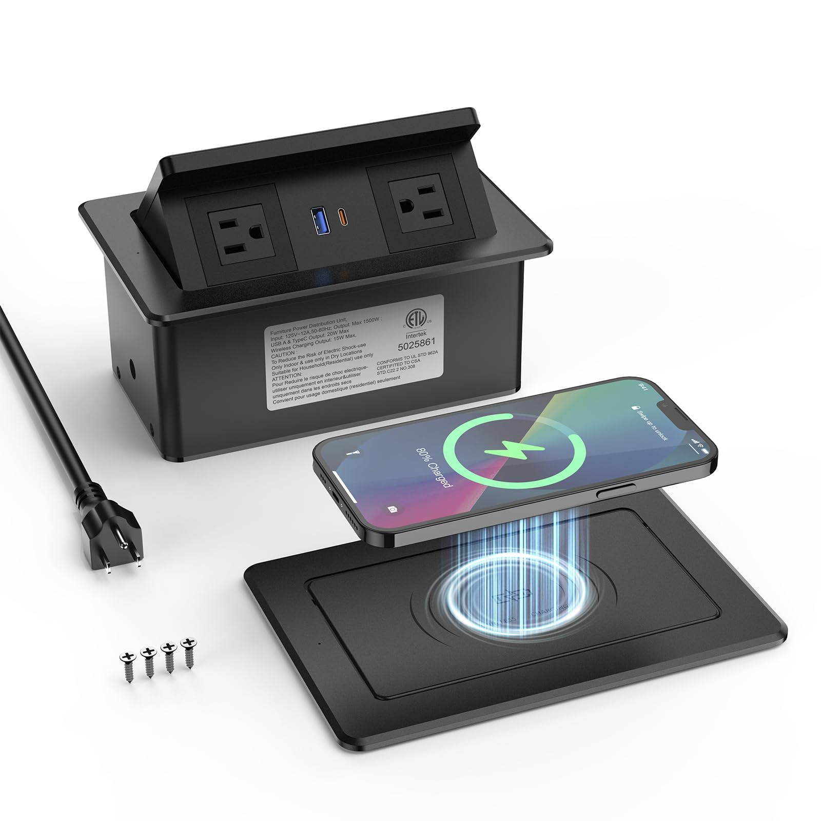 Photo 1 of QBA Pop up Power Outlet with 15W Wireless Charger, Recessed Power Strip with USB-C PD 20W, 2 Outlets, Desk Charging Station for Conference Room Kitchen Countertop, ETL Listed