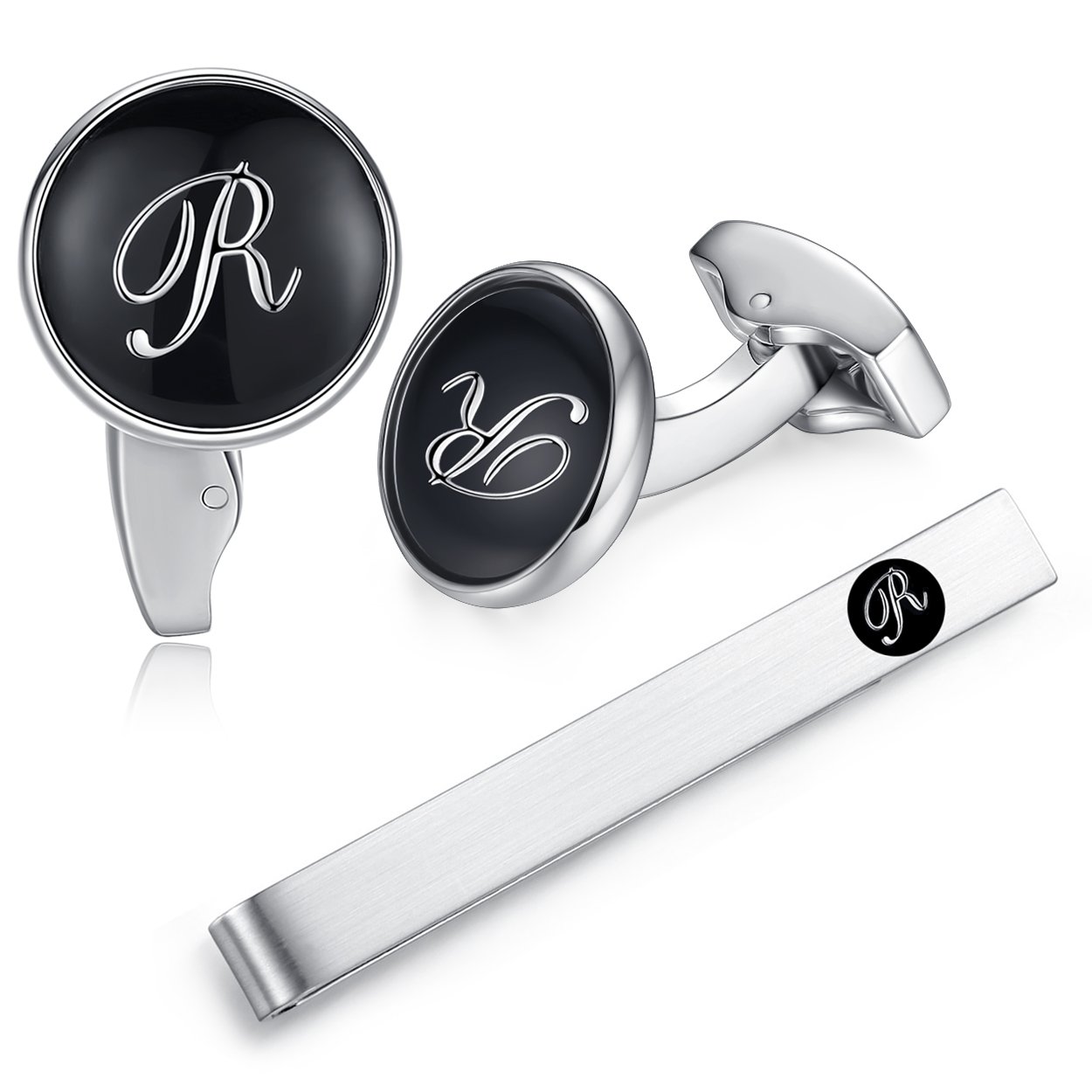 HONEY BEAR Initial Alphabet Letter Cufflinks Tie Clip Set for Mens - Black Round Stainless Steel, for Business Wedding Gift A - Z (R)