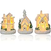 TOYANDONA 3Pcs Resin Christmas Village Houses White - Small Christmas Villages Sets LED Lighted Snow Village Houses for Home Tabletop Decorations Collectible Buildings