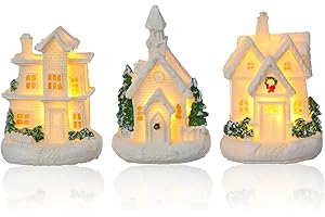 TOYANDONA 3Pcs Resin Christmas Village Houses White - Small Christmas Villages Sets LED Lighted Snow Village Houses for Home 