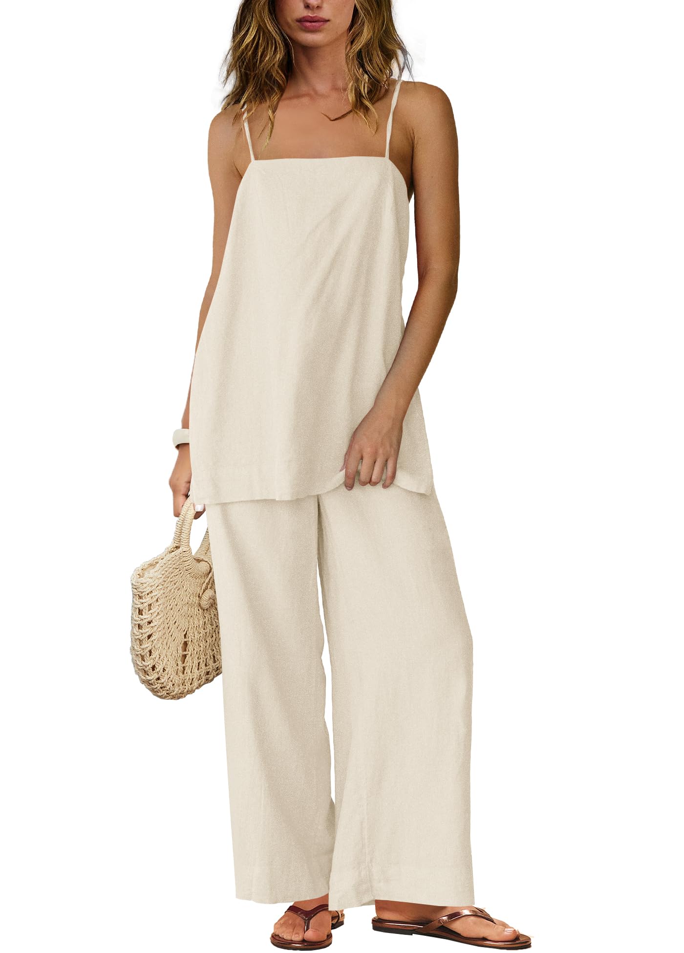 Photo 1 of Yanekop Linen Sets for Women 2 Piece Pants Summer Outfits Matching Lounge Sets Spaghetti Strap Tank Top Pants Sets(Apricot,M)