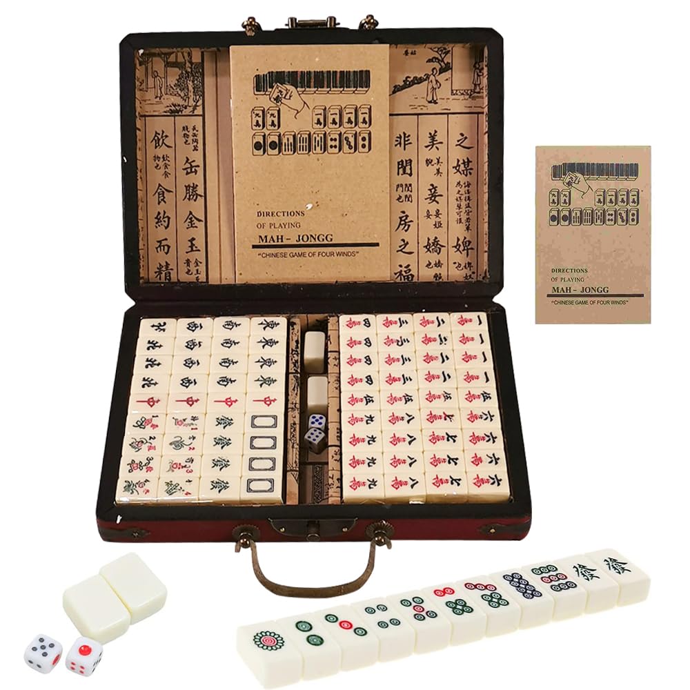 WDKXCN Mini Chinese Majong Set, 144PCS Mahjong Tiles Game, White Engraved Majong Free Games, Portable Mahjong Set Full Size with 2 Dice & Leather Carrying Case Box for Travel, Family Gathering, Party