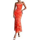 GORGLITTER Women's Floral Mesh Open Back Fishtail Maxi Dresses Summer Vacation Birthday Wedding Guest Dinner Long Dress