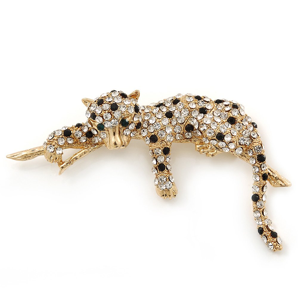Black/Clear Diamante 'Leopard' Brooch In Gold Plating - 75mm Across