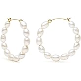 Pearl Hoop Earrings for Women 14K Gold Filled White Small Freshwater Cultured Real Pearl Hoop Earrings COMOTO Jewelry