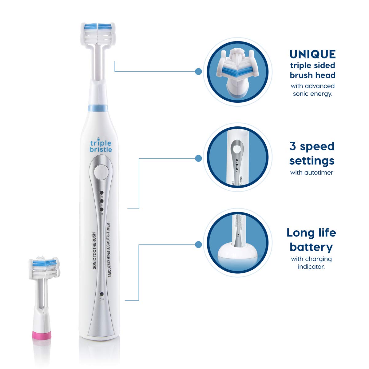 Triple Bristle Best Sonic Electric Toothbrush Whiter Teeth & Brighter