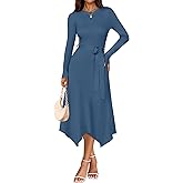 ZESICA Long Sleeve Sweater Dresses for Women 2026 Fall Winter Crewneck Ribbed Knit High Waist Midi Dress with Belt