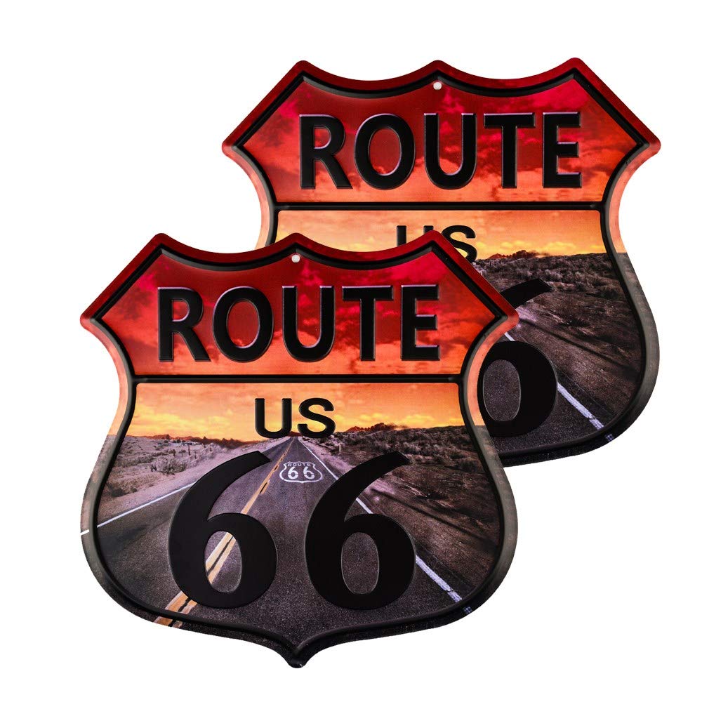 不适用 2 Pack Route 66 Vintage Metal Sign with Highway Road – Distressed Reproduction of The Old U.S. Rt. 66 Shield