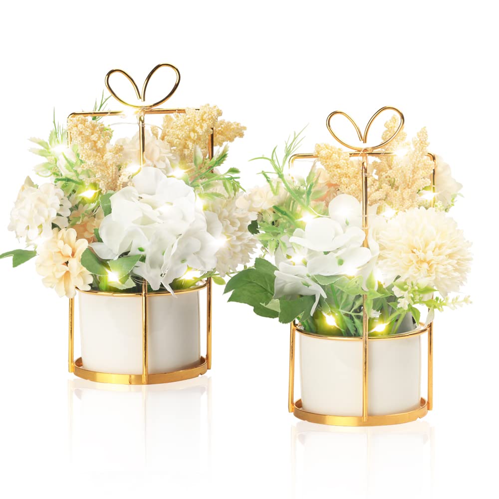 BEGONDIS Set of 2 LED Artificial Flowers Potted Fake White Flowers Hanging Potted Plants For Home Living Room Office Party Decor Decoration