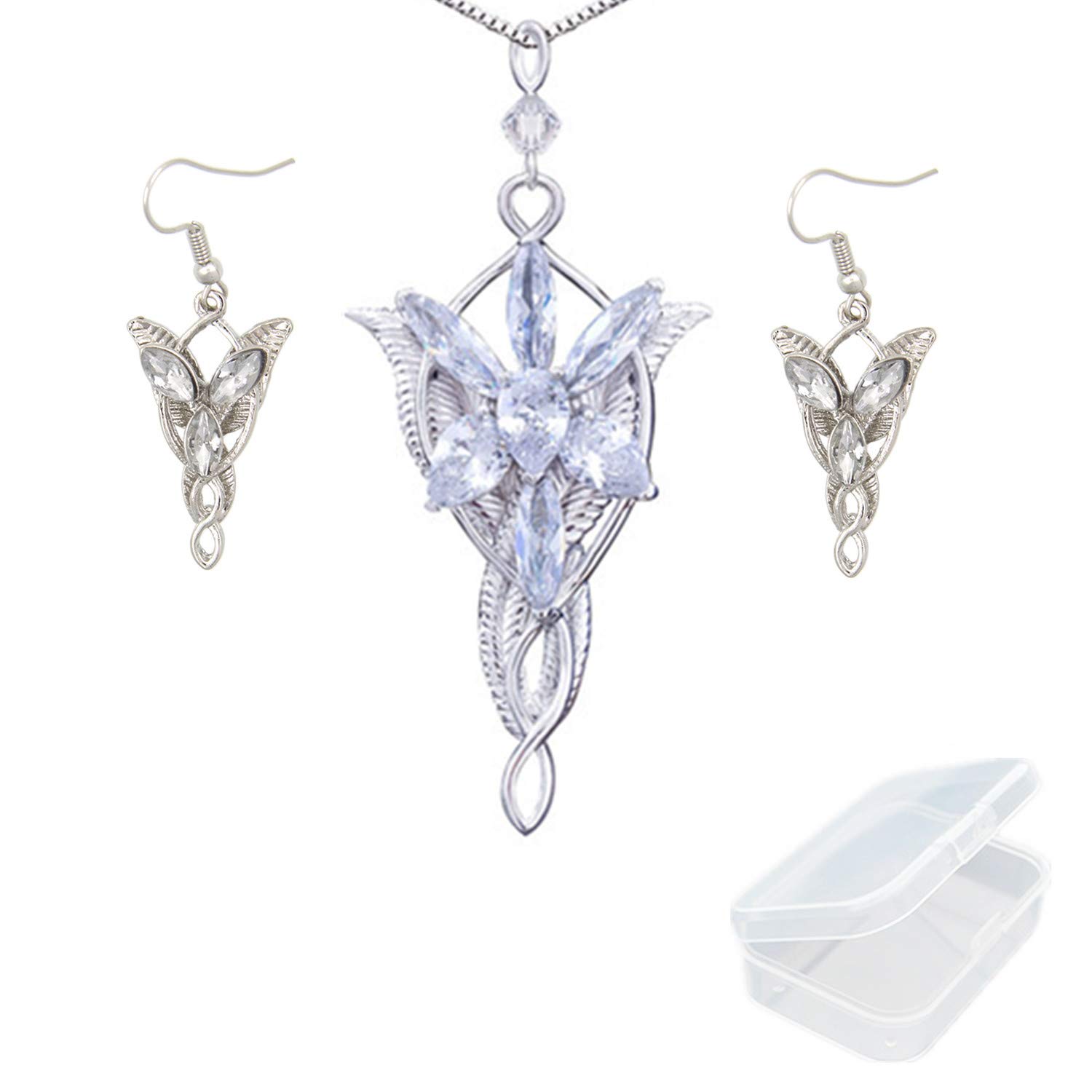 PPX Lord of the Ring Elven Leaf Aragorn Arwen Evenstar Pendant Chain Necklace Princess Chain and Earrings with Transparent Jewelry Box