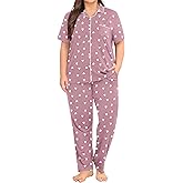 SWOMOG Women's Plus Size Pajama Set Short Sleeve Sleepwear Top and Pants Button Up Pajamas for Women Loungewear