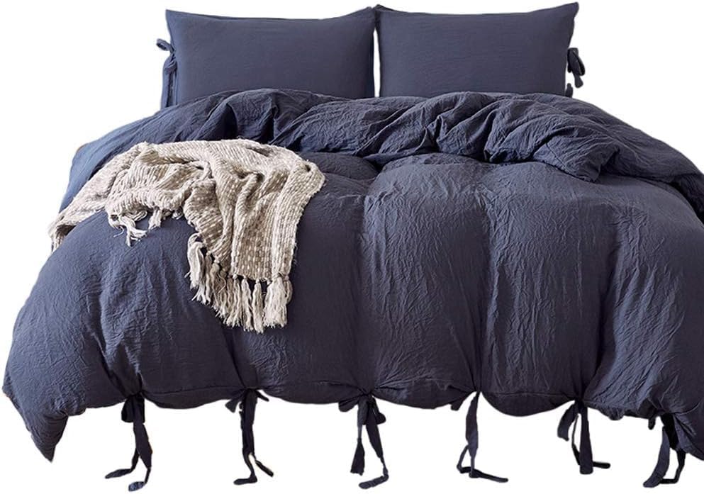 TCXZTYJH Solid Color Duvet Cover Set King Size Chambray Bedding Set with Bowknot Design, 3 Pcs Quilt Cover with 2 Pillow Cases, Navy Blue