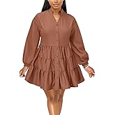 ENOPINK Womens Dresses Long Sleeve V Neck Casual A Line Flowy Swing Shirt Dress Mini Dress