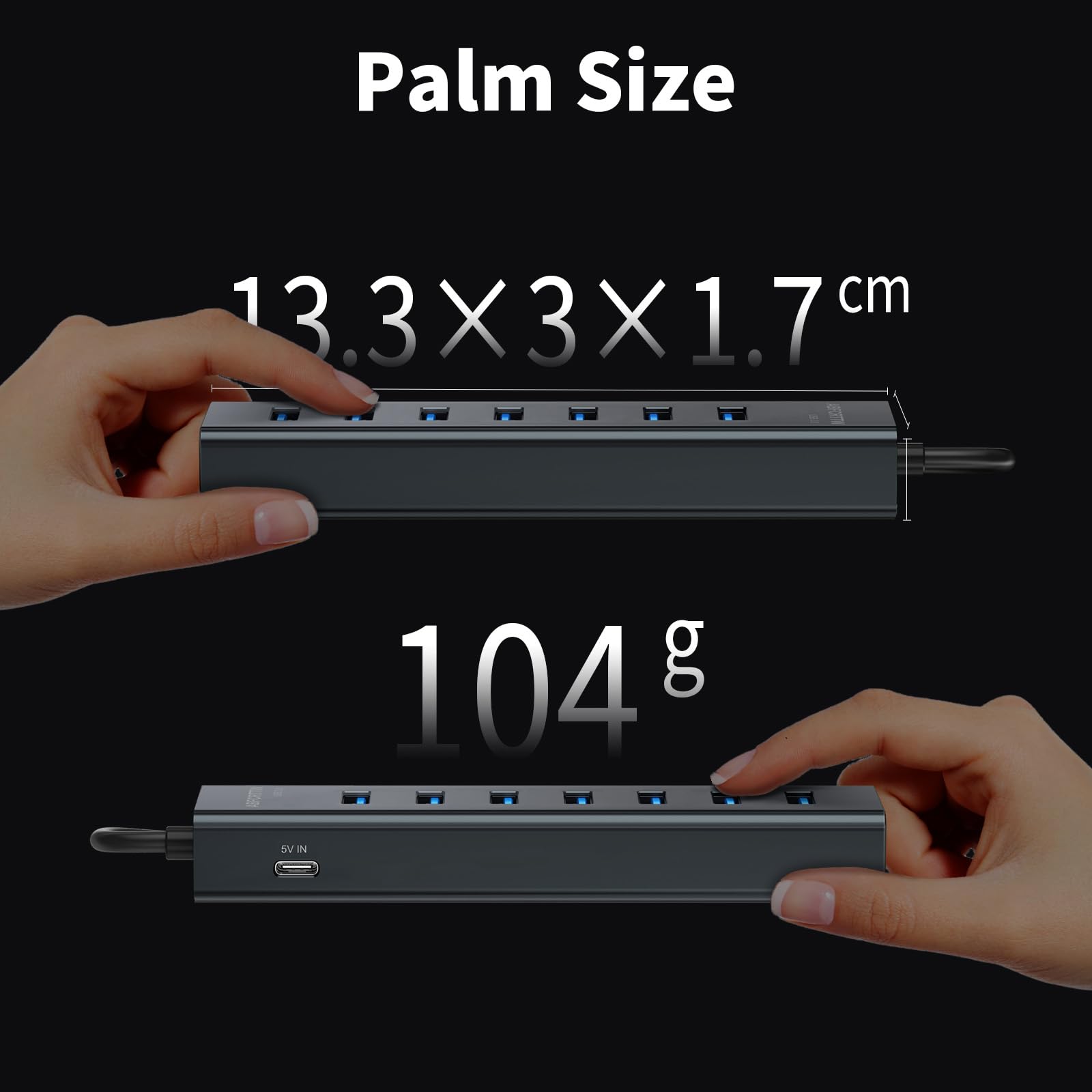 7-Port USB Hub 3.0 mit 120cm Kabel für Desktop, Aluminium USB Verteiler 5Gbps Multiport Adapter Splitter mit 5V 3A Type-C Port für PC, Laptop, MacBook, U-Disk, Maus 8