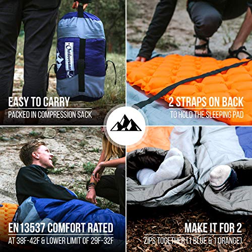 Outdoorsman Lab Mummy Sleeping Bag for Adults & Kids | Ultralight Backpacking & Camping Sleeping Bag | 3 Season 29F, Water Resistant, Compact & Lightweight, Includes Compression Sack