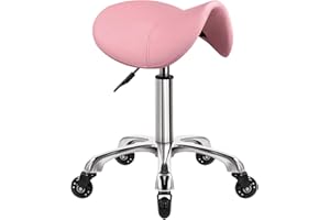 WKWKER Heavy Duty Saddle Rolling Stool with Wheels Hydraulic Swivel Adjustable Rolling Stool Ergonomic Thick Leather Seat Stool Chair for Kitchen Drafting Lab Office Salon Message Stool – Pink