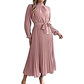 ChiaoLezhee Pleated Maxi Dress, Mock Neck A Line, Fall Holiday, Long Sleeve Modest Business Casual Flowy Dresses for Women
