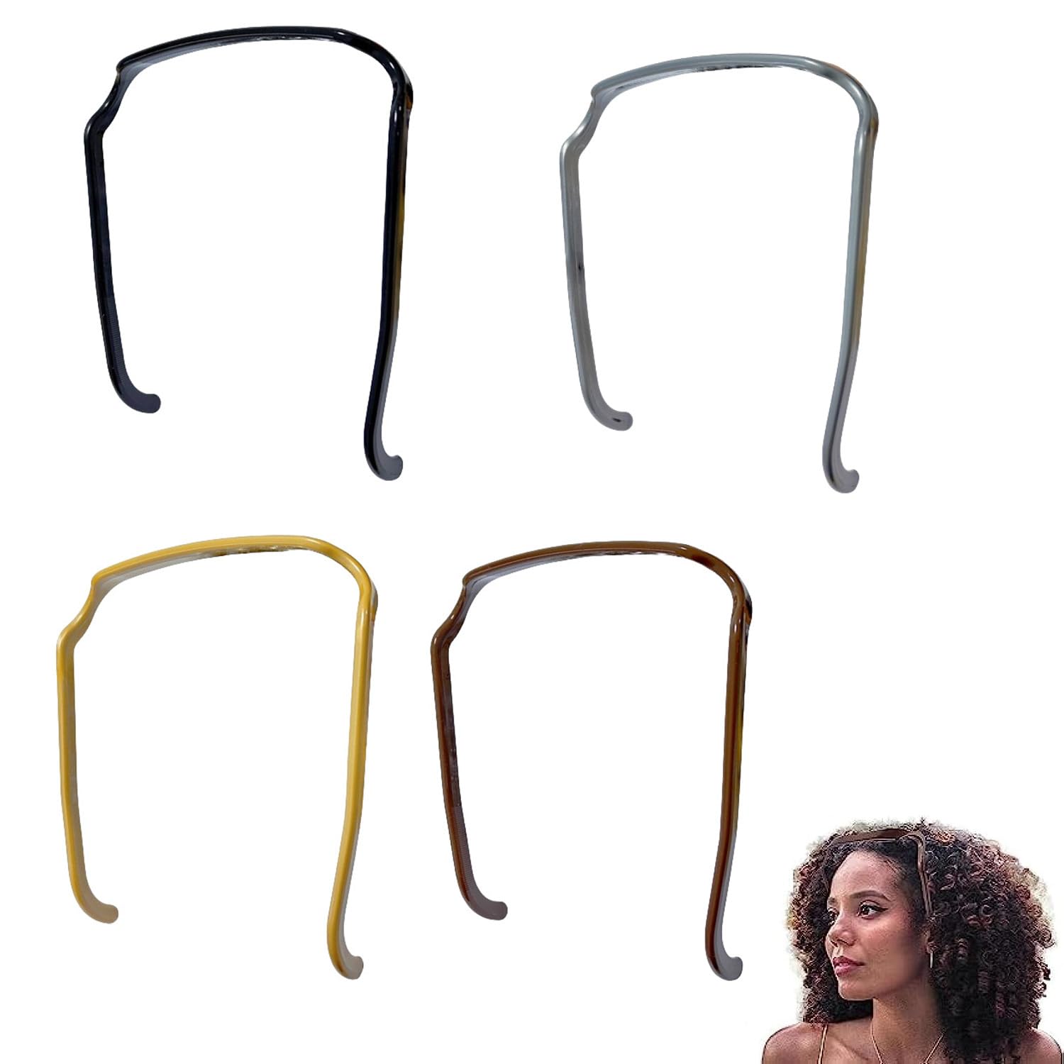 4 Pack Stylish Plastic Hair Hoops - Curly Design for Women and Girls, Perfect for Hairstyle Fixing (Tan, Grey, Brown, Black)