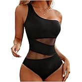 Tempt Me Women One Shoulder One Piece Swimsuits Full Coverage Cutout Mesh Sexy Bathing Suits Tummy Control Swimwear