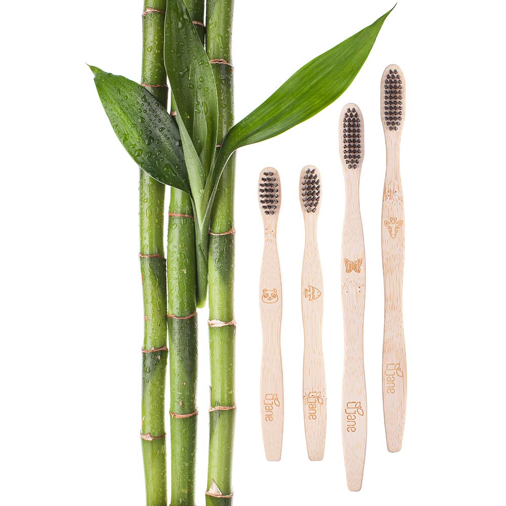 Family Charcoal and Bamboo Toothbrush Pack with 4 Toothbrushes – 2 Adults and 2 Kids; Gentle Bristles; Biodegradable from Sustainable, Fast Growing Bamboo Plants; Earth Friendly and Fully Compostable