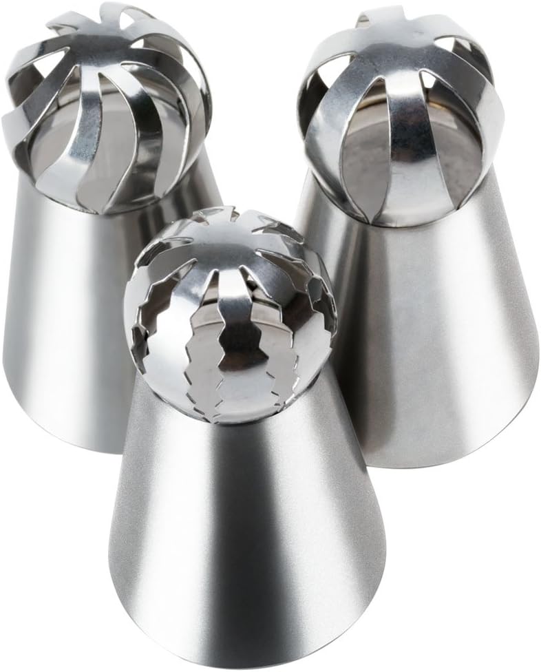 LAVAVIDA Best Cake Decorating Supplies/DIY Baking Tool Kit, 3 Pcs Russian Piping Tips, Professional Stainless Steel Sphere Ball Icing Nozzle, Bonus 12'' Reusable Silicone Pastry Bag