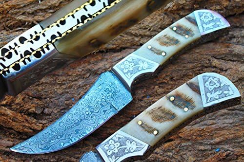 One of Kind Damascus Blade Handmade 4.4" Blade Hunting Knife w/Engraved Steel Bolsters, Ram Horn &amp; Sheath Cover UDK-FR-S-10
