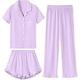 QZH.DUAO 3 Piece Girls Pajama Sets 100% Cotton Ruffle Long Pants with Shorts Sleepwear 3pcs Button Down PJs 5-14 Years